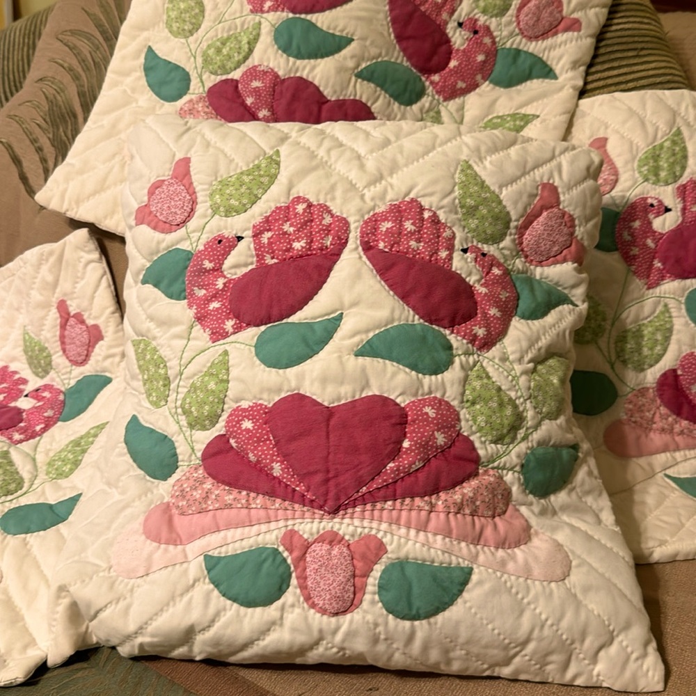 Pillow covers, vintage, 16” square, set of 4, embroidered, pinks, greens (mlb)